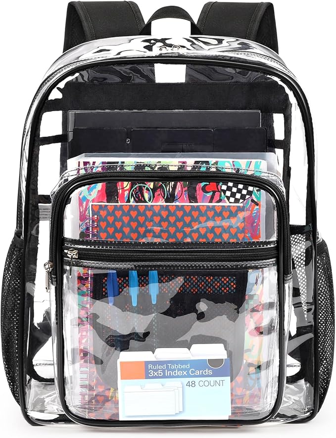ZORFIN Clear Backpack Heavy Duty for School – 18in Transparent PVC Bag with Large Capacity & Reinforced Straps for Men, Women, Boys & Girls - See Through Bookbag for College Workplace Security, Black