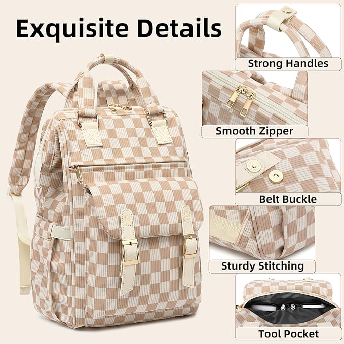 Corduroy Laptop Backpack for Women 15.6 Inch Stylish College School Bookbag, Business Work & Travel Computer Backpacks (Checkered Brown)