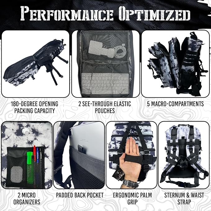 AMERICANPHOENIX 45L Elite Tactical Backpack | 3X Stronger Work & Military Backpack | Water Resistant and Heavy Duty | 3 Day MOLLE Bug Out Bag (Black Ice)