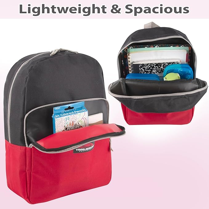 Color Block Backpacks for School Boys and Girls, 15 Inch Two Tone Colorful Small Travel Backpack for Kids (Red)