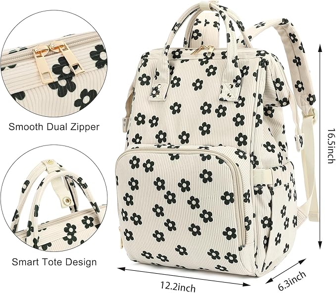 Laptop Backpack for Women, Corduroy College School Backpack Bookbag 15.6 inch Business Computer Travel Backpack (Flowers)