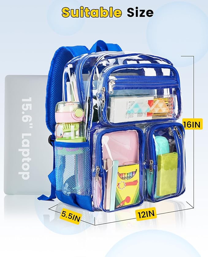 Vorspack Clear Backpack for School - Heavy Duty See Through Bookbag for Girls Boys Large Transparent Backpacks for Work, Travel, Festival - Blue