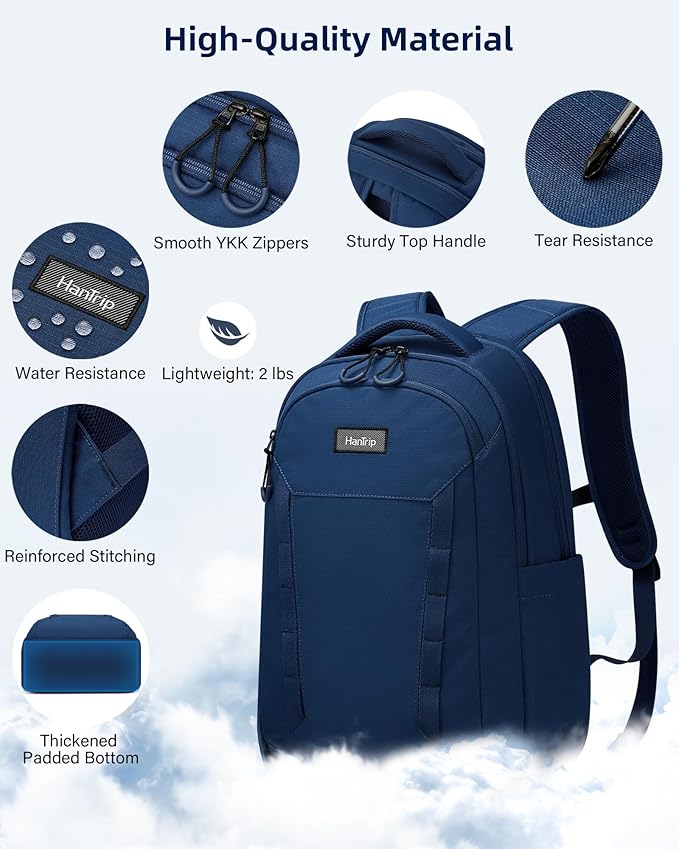 Travel Laptop Backpack Carry On, 18 Inch Large Work Backpack School Book Bags, Light Water Resistant Backpacks for Women Men with Luggage Strap Water Bottle Pocket Chest Strap, Navy Blue