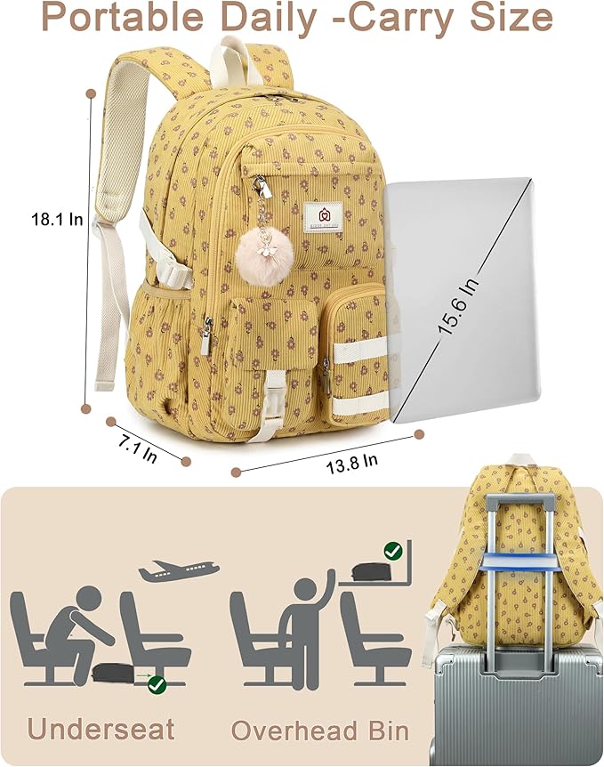 Hidds School Backpack for Teens Girls Women 15.6 Inch College Backpacks Corduroy Work Bag Kids Middle High School Bookbag Students Back Pack Anti Theft Travel Daypack Womens-Corduroy Khaki Floral