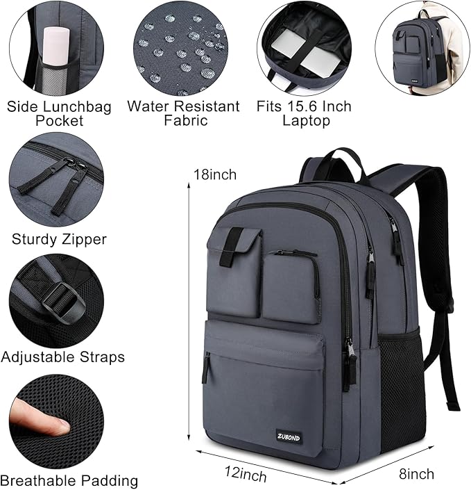 Backpack for Men & Women, Backpacks for School Teen Boys & Girl, Student Bookbag 15.6 inch Laptop Compartment with USB Charging Port for High Middle School, Black Travel Casual Bag
