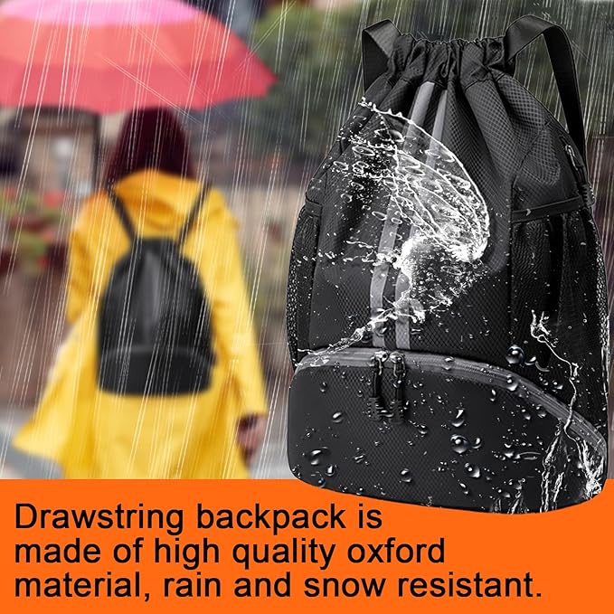 Drawstring Backpack,Waterproof Sports Gym Bag，Unisex Large Drawstring Bags with Wet and dry separation bag,football boot bag for Gym Sport Yoga School, Black, One Size