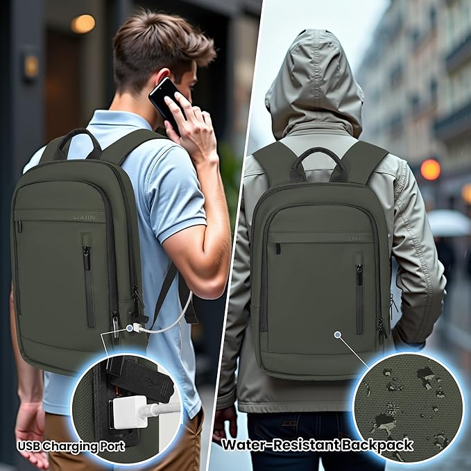 Business Backpack for Men Lightweight Commute Laptop Backpack Anti-Theft Water Resistant Backpack for 17.3 Inch Computer for Daily Office Work with Small Bag (Green, 17.3")