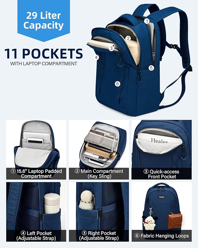 Travel Laptop Backpack Carry On, 18 Inch Large Work Backpack School Book Bags, Light Water Resistant Backpacks for Women Men with Luggage Strap Water Bottle Pocket Chest Strap, Navy Blue