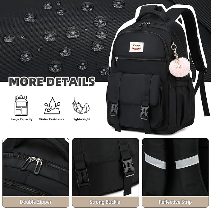 Backpacks for Girls,Laptop Bags for Women Men,3pcs Backpack with Lunch Bag Pencil Pouch Case for Teens Girl Kids Bookbag Elementary Middle School College Back Packs Student Daypack Black Set