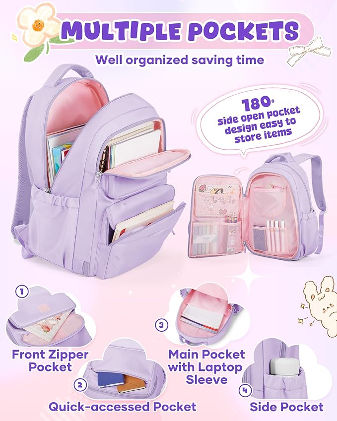 Backpack for Girls,Kids School Backpack Girls Cute Kindergarten Elementary Preschool Middle School Bags Kids Teens Aesthetic Bookbag Kawaii Backpacks Student Daypack Purple