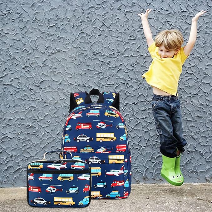 LEDAOU Kids School Backpack with Lunch Box for Boy Girl Toddler BookBag School Bag Preschool Kindergarten Backpack (Navy Blue-Airplane Pattern)