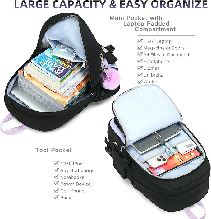 Backpack for Girls with Accessories Laptop Bookbags 16 Inch Kawaii Kids Elementary Middle High School Bag College Travel Daypack Gifts for Teens Women Students (Black Purple)