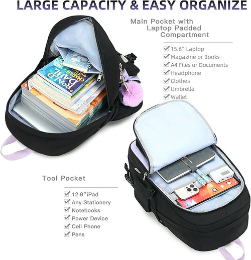 Backpack for Girls with Accessories Laptop Bookbags 16 Inch Kawaii Kids Elementary Middle High School Bag College Travel Daypack Gifts for Teens Women Students (Black Purple)