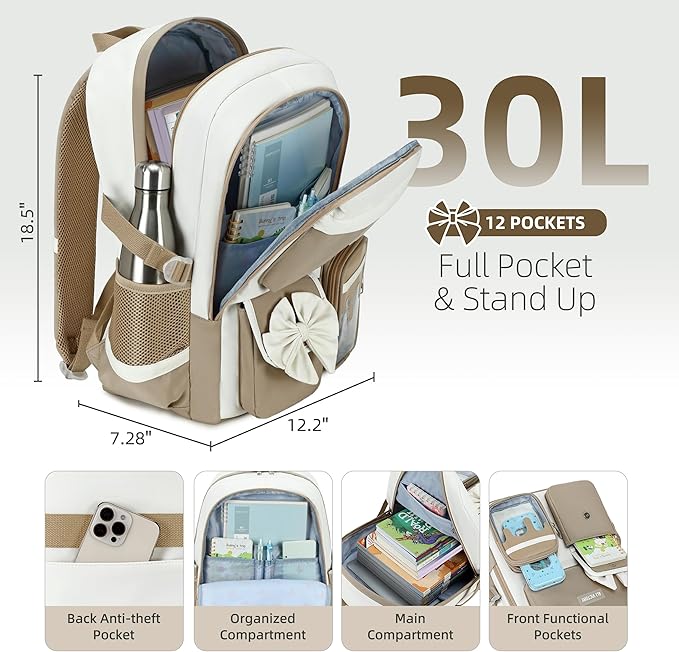 Laptop Backpack 16 Inch Kids Elementary Middle High School Bag College Backpacks Women Work Business Back Pack Travel Rucksack Large Bowknot Bookbag for Teens Girls Womens Students (Brown)