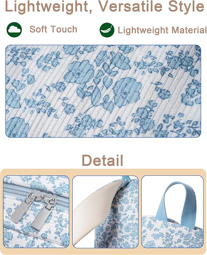 School Backpack for Teens Girls Women 15.6 Inch Laptop College Backpacks Corduroy Work Bag Kids Elementary Middle High School Bookbag Students Back Pack Anti Theft Travel Daypack Womens-Blue Floral