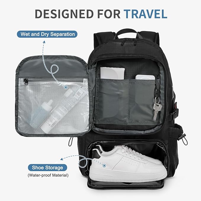 Travel Backpack for Men, 35L TSA Approved Large Laptop Backpack Fits 18.4 Inch, Water-Repellent W/Shoe Compartment & Wet Pocket Anti-theft Pocket, Black