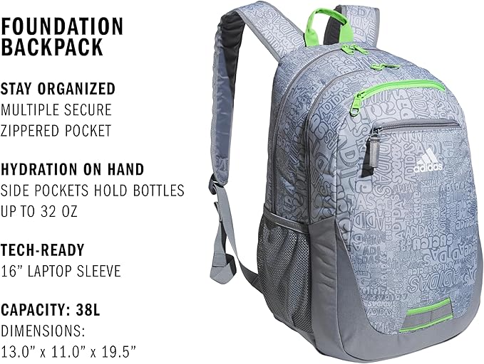 adidas Unisex Foundation Backpack for Laptop, Large Durable Athletic Gym Bag