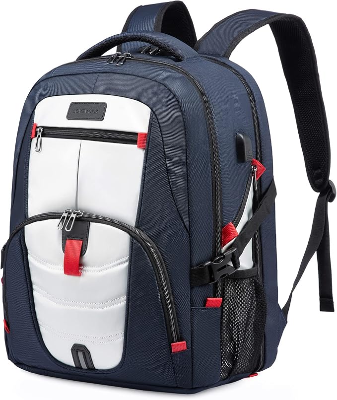 LOVEVOOK 17 inch Blue&White Travel Laptop Backpack with USB Charging Port, Anti-Theft, Water-Resistant, Modern Practical Unisex College/University Backpack