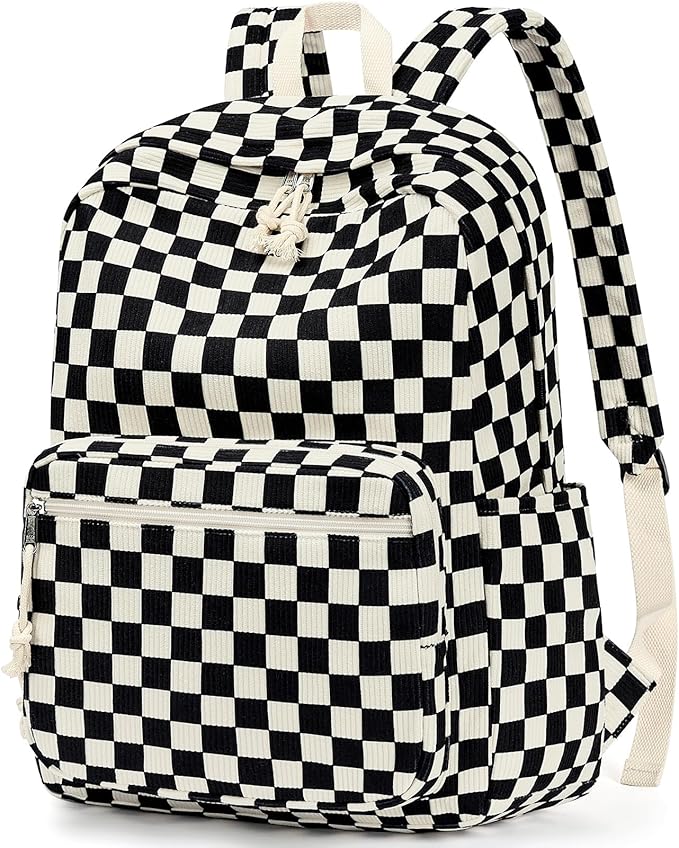 mibasies School Backpack for Girls with Laptop Sleeve: 18IN Large Capacity Corduroy Bookbag for Primary Middle School/College, Travel Daypack for Teens Women - Black Checkered