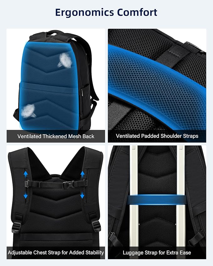 Travel Laptop Backpack Carry On, 18 Inch Large Work Backpack School Book Bags, Light Water Resistant Backpacks for Women Men with Luggage Strap Water Bottle Pocket Chest Strap, Black