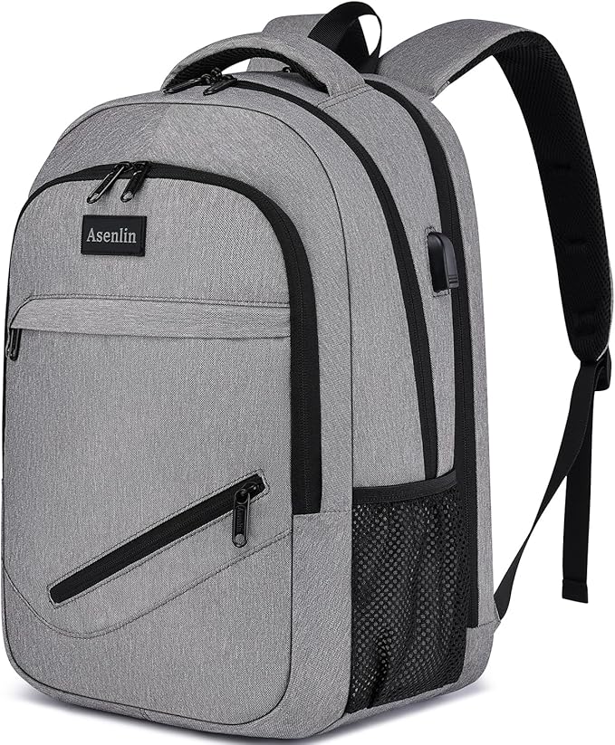 Asenlin Travel Laptop Backpack for Women & Men,Water Resistant Business Slim Sturdy Laptops Backpack with USB Charging Port,Fits 15.6 Inch Notebook College School Computer Bag-Grey