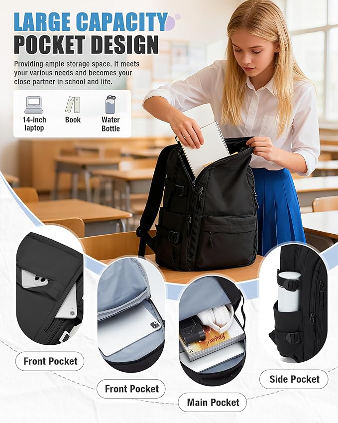 Laptop Travel Backpack for Women Men Bag College Airline Approved Carry On Luggage Backpack Lightweight Business Personal Item Bag Work Bookbags Large Capacity Waterproof Purse Casual Daypack Black