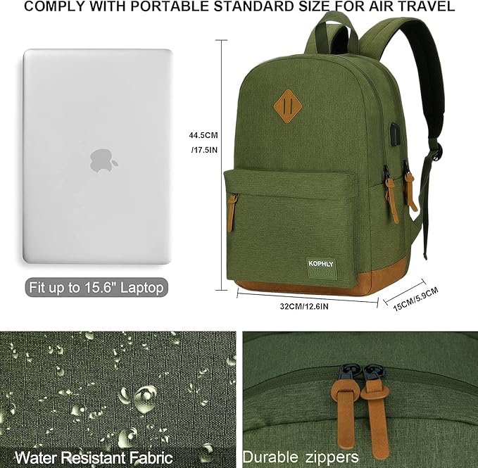 SUPACOOL Lightweight Laptop Backpack with USB Charging Port for Men and Women, Double Layers Backpack for College, Work, Travel, Casual(Olive and Brown)