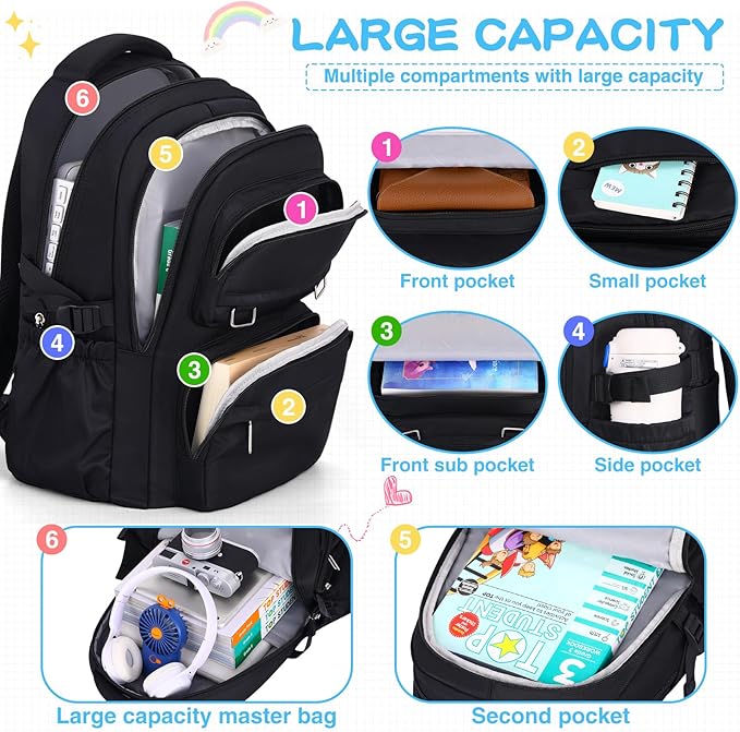 School Backpack for Kids Girls Cute Travel Backapck for College Women Men Casual Laptop Bookbag for Teen Student(Black)