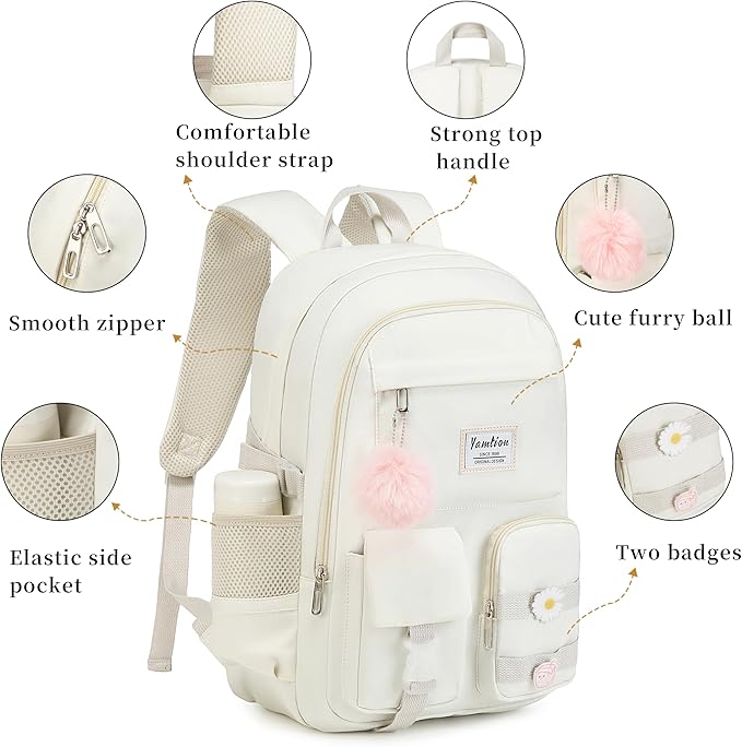 YAMTION School Backpack for Teen Girls,15.6in Laptop Backpack Kids Bookbag for Middle School College Students,Cute School Bag for Women (Beige, Fits 15.6in PC)