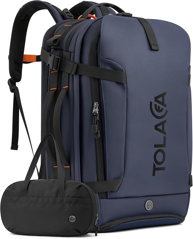 Tolaccea Travel Laptop Backpack, TSA Friendly Flight Approved Carry-on Business Rucksack Work Backpack with Extra Toiletry Bag, Dual Storage for 17.3" Laptop and 12.9" Tablet, 40-45L Expandable