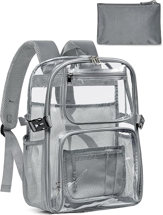 Clear Backpack Heavy Duty, Large TPU Clear Bookbag for Boys Girls Adult, See Through Transparent Back Pack with Multiple Pockets for College Work Casual Security,Grey