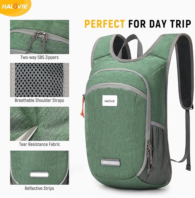 HALOVIE Small Hiking Backpack 10L Packable Lightweight Daypack Foldable Travel Back Pack for Women Men(Green)