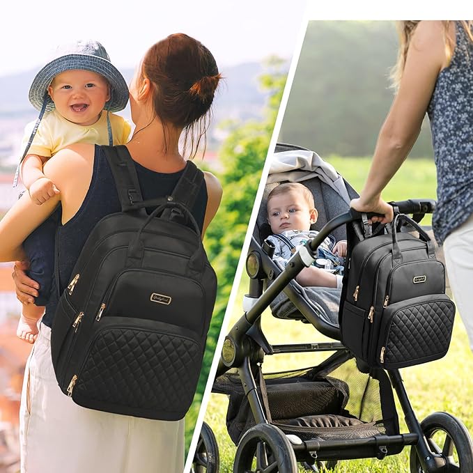 Diaper Bag Backpack - Extra Large Diaper Bag for 2 Kids Twins (Expandable 30-38L) - Travel Baby Backpack with Changing Pad for Mom Dad (Quilted, Water Resistant, Black)
