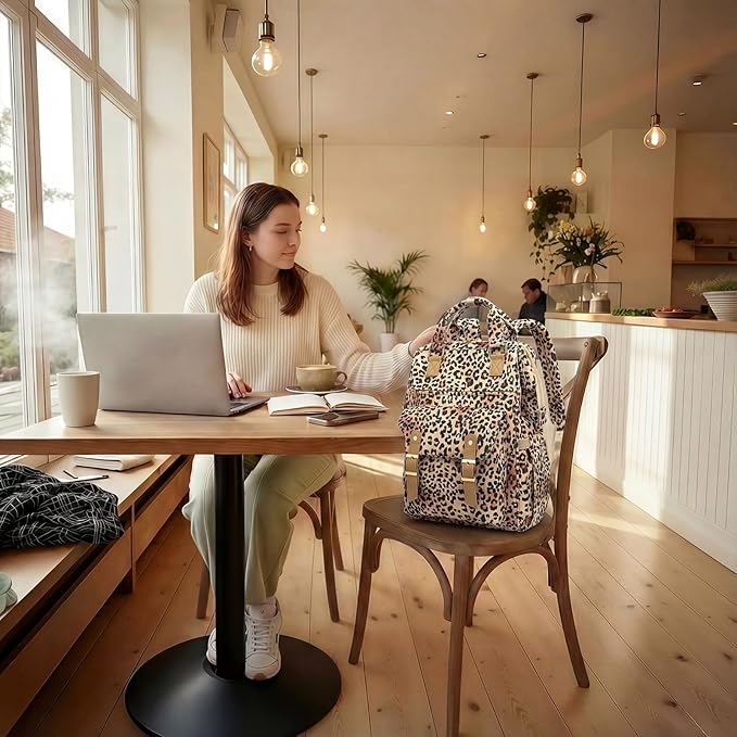 Corduroy Laptop Backpack for Women 15.6 Inch Stylish College School Bookbag, Business Work & Travel Computer Backpacks (Leopard Brown)