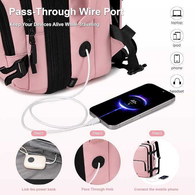 Carry On Travel Backpack, Expandable Extra Large Airline Approved,Lightweight Daypack for Men and Women（Pink）