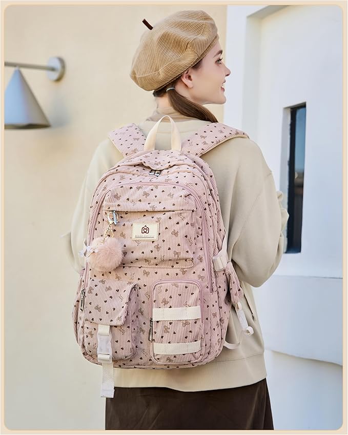 Hidds School Backpack for Teens Girls Women 15.6 Inch Laptop College Backpacks Corduroy Work Bag Kids Elementary Middle High Bookbag Students Back Pack Anti Theft Travel Daypack Womens - Pink Bowknot