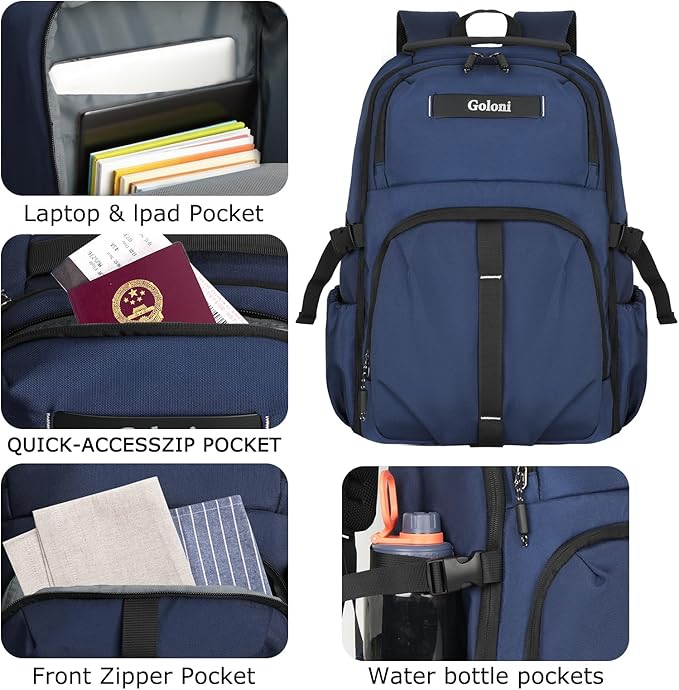 Goloni Airline Approved Travel Backpack 35L - Under Seat Carry On, Water Resistant 15.6 Inch Laptop Compartment for Men Women Work Travel,Blue