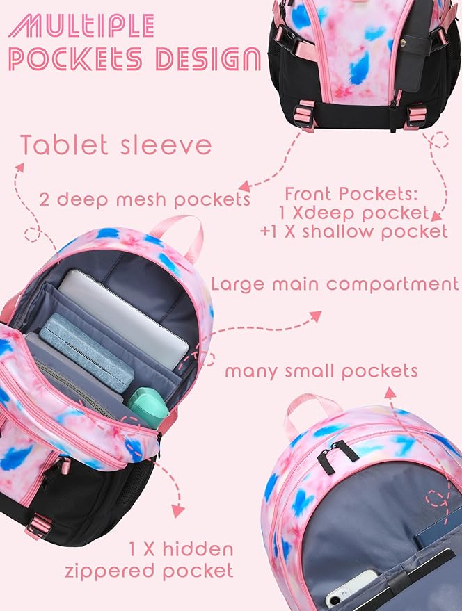 BLUEFAIRY High School Backpack for Girls Boys Middle School Bookbag for Kids Back to School Bag for College with Large Compartment Casual Daypack Mochilas para Niñas Adolescentes 18" Tie Dye Pink
