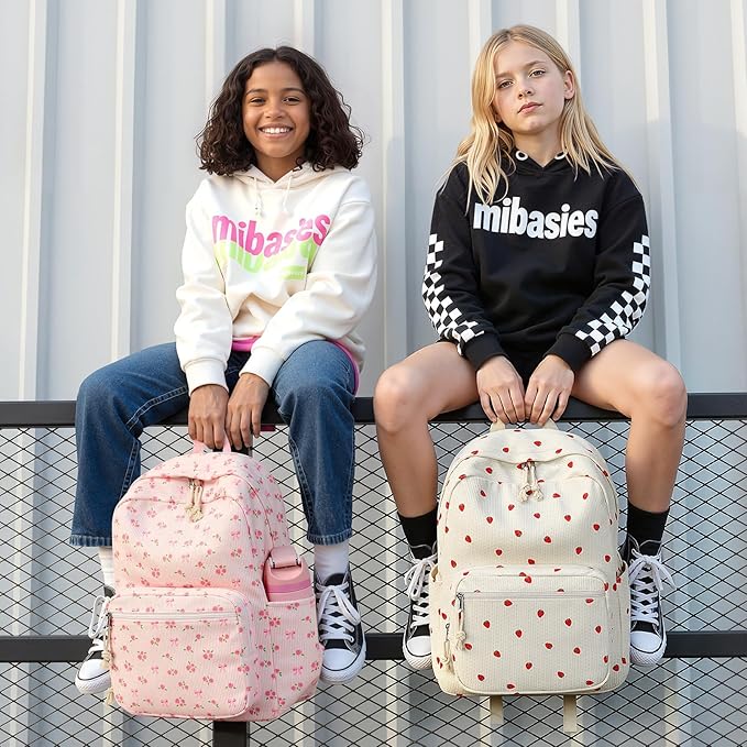 mibasies School Backpack for Girls with Laptop Sleeve: 18IN Large Capacity Corduroy Bookbag for Primary Middle School/College, Travel Daypack for Teens Women - Pink Flower Bow