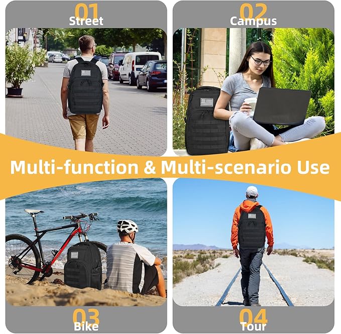 15'' Travel Laptop Backpack for Men, 25L Tactical College Backpacks with Water Pouches Both Sides, Portable Backpack for Men Women Business Work Bag Fight Approved, Small Black Backpack