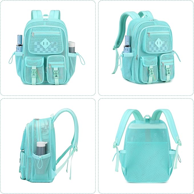 MOONBABY Mesh Backpack for School Heavy Duty See Through Net Bookbag Girls Boys Semi-Transparent Net Back Pack for Beach, Swimming, Sports, Work, Travel (Green)