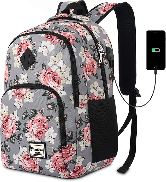 YAMTION Backpack for Women,School Backpack for Teen Girls College Backpack with USB Charging Port,Gray-Flower