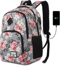 YAMTION Backpack for Women,School Backpack for Teen Girls College Backpack with USB Charging Port,Gray-Flower