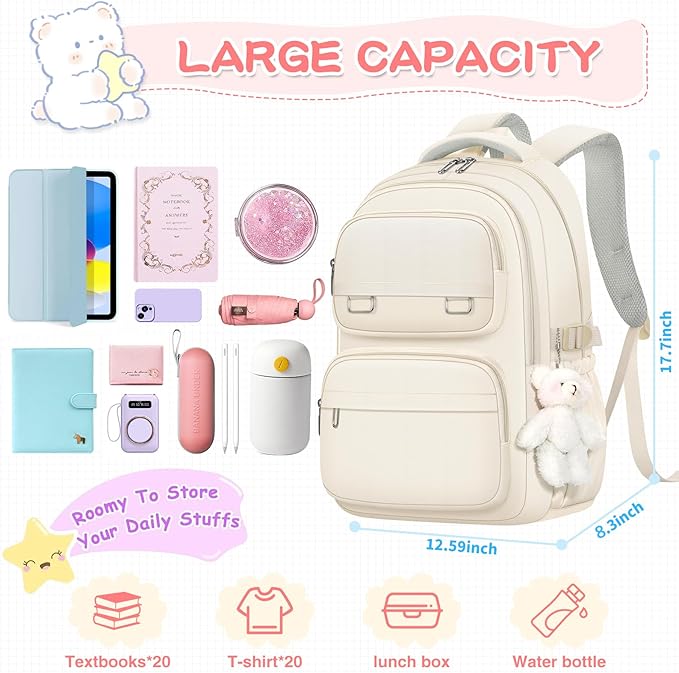 School Backpack for Kids Girls Cute Travel Backapck for College Women Men Casual Laptop Bookbag for Teen Student(Beige)