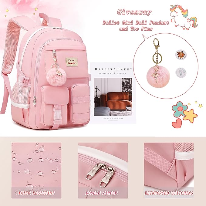 Backpack for Girls Laptop Backpacks 15.6 Inch College Cute Bookbag Anti Theft Primary Elementary School Bag Casual Daypack for Students Teens Girl Women (Pink)