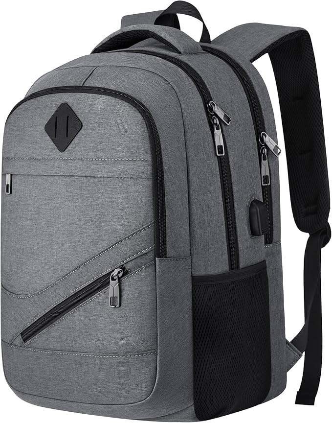 School Laptop Backpack for Women Men: 15.6 Inch College High School Backpacks with USB Charging Port Waterproof Travel Back Pack with Anti-theft Pockets Casual Work Daypack for Boys Students (Gray)