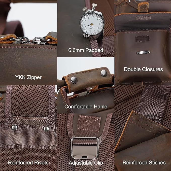Masa Kawa Leather Backpack for Men Vintage 15.6 Inch Laptop Bag Multi Pockets Casual Travel Daypack Brown