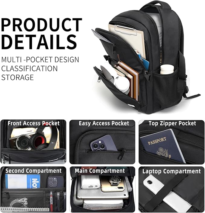 Backpack for Men Women, School Backpack for Boys Girls Teens, Work Business College Backpacks with Reinforced Straps, Black Student Bookbag Fits 17.3 Inch Laptop with Reinforced Straps, Gifts