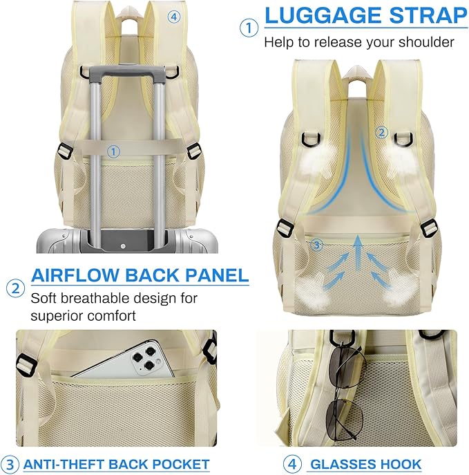 RAINSMORE Laptop Backpack 17 Inch Large Travel Backpack for Women Waterproof Computer Backpack Work College Bookbag TSA Friendly with USB Port, Beige