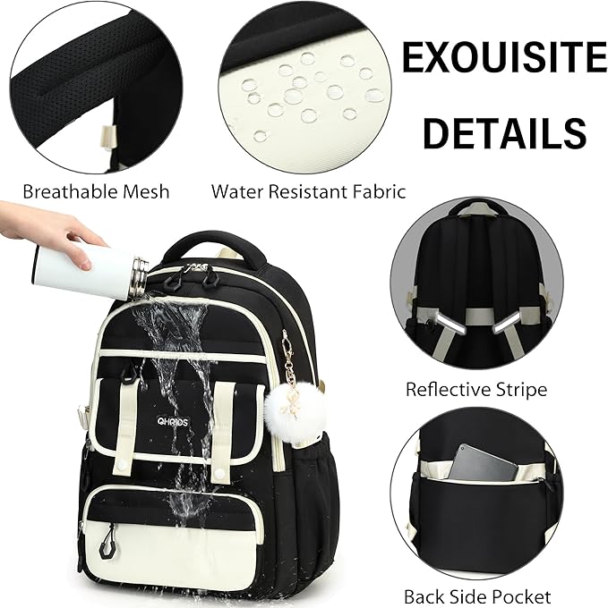 School Backpack for Girls, Laptop Backpack 15.6 Inch Kids Elementary Middle High School Bag Anti Theft Cute College Bookbags for Teens Girls Women Students Casual Travel Daypack,Black Beige